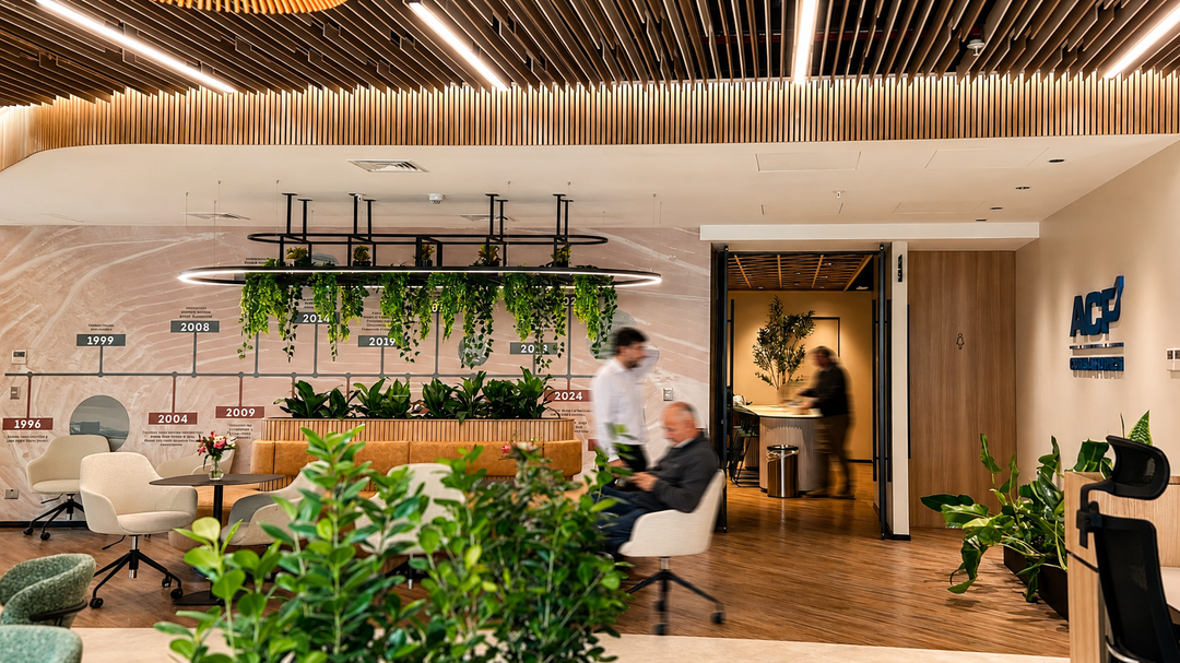 Lounge de las oficinas de Collahuasi con plantas de interior, proyecto de paisajismo corporativo de PlantMe